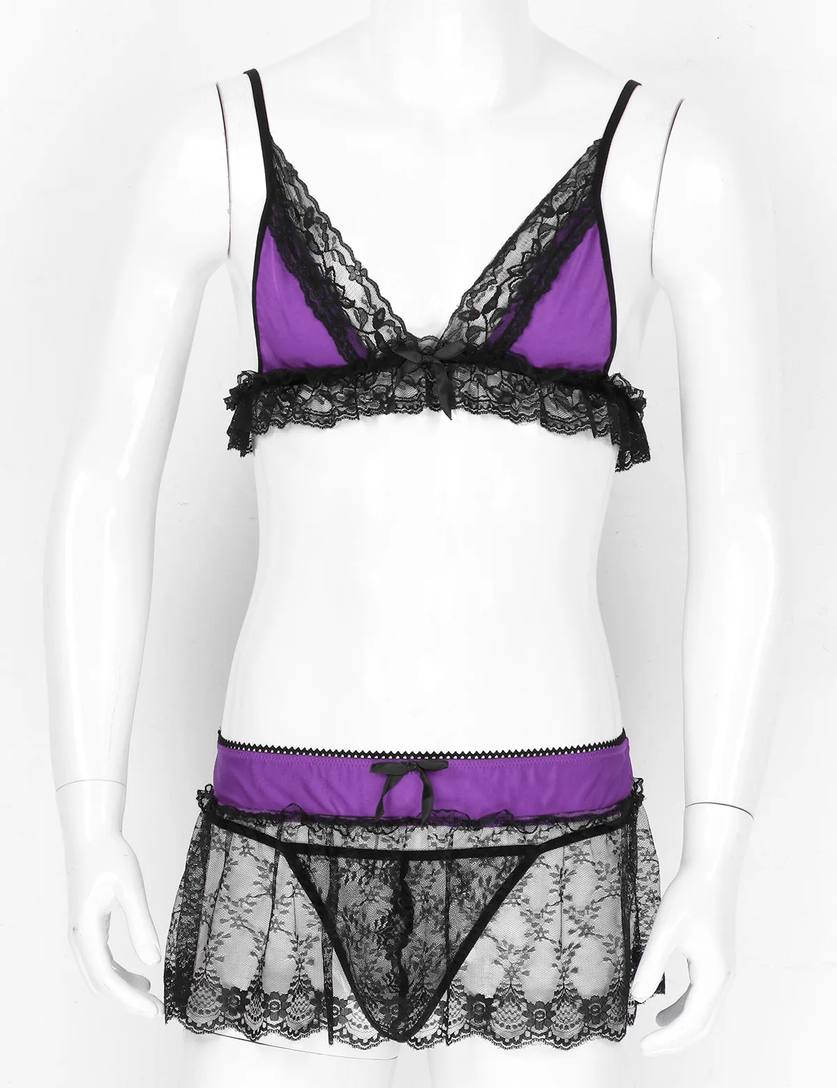 Gay Sissy Baju Tidur Erotis Renda Lingerie Set Adjustable Spaghetti Tali Bahu Bra Top dengan Rok Mini G-string Celana