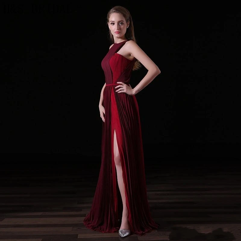 2025 novo borgonha chiffon vestidos de noite longos halter feminino vestido formal sexy fenda festa à noite baile personalizado robe de soiree