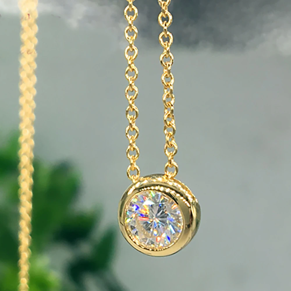 Custom Solid 18K Yellow Gold Women Pendants Necklaces Moissanite Diamond 1 2 Carat Round Wedding Anniversary Engagement Bubble