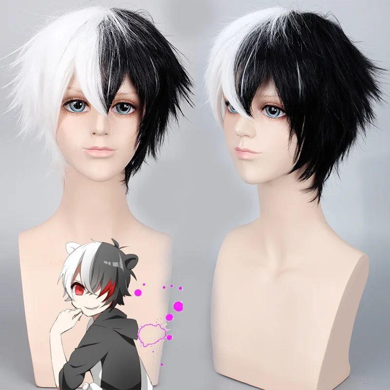 

Anime Danganronpa Monokuma Wig Dangan Ronpa Short White Black Synthetic Hair Halloween Party Cosplay Wigs + Wig Cap