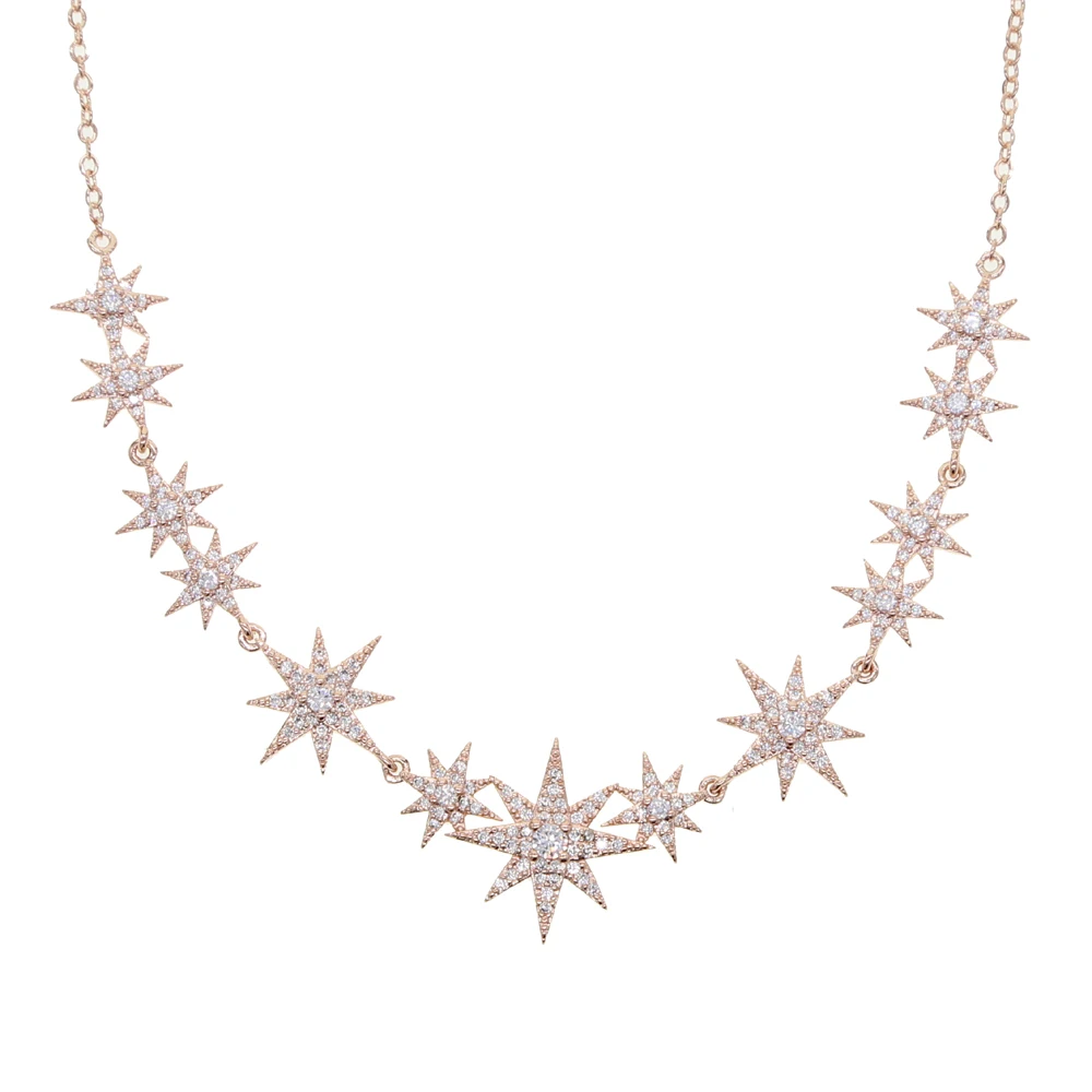 High Quality Iced Out Bling Sparking Clear Cubic Zirconia CZ Paved Star Starburst Charm Choker Necklace For Women