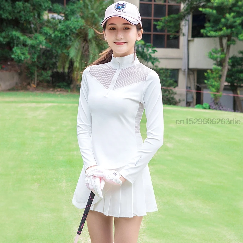 Golf Women T-Shirt + Skirt Lady Sportswear Sexy Lace Golf Wear Gym Slim Zipper Neck Shirt Pleated Skirt Set Golf Clothing Suit