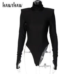 Hawthaw Women Autumn Winter Padded Shoulder Long Sleeve Body Black Turtleneck T Shirt Tops Sexy Bodysuit 2021 Fall Clothes