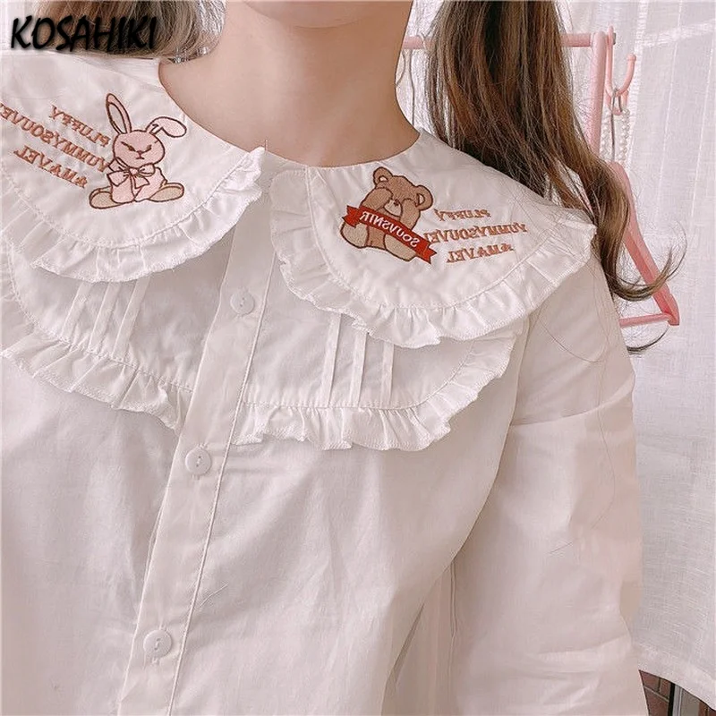 KOSAHIKI 2024 Summer Women Lolita Style Blouse Peter Pan Collar Cartoon Animal Embroidery Cute Blusas Kawaii Girl Shirt