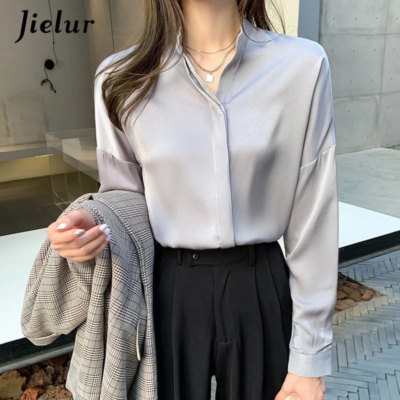 Jielur 2021 New Korean Women's Shirt S-XXL Full Sleeve Stand Collar Gray Blouse Female Loose Office Lady Casual Basic Top Blusas