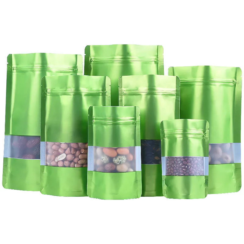 1000Pcs Green Stand up Aluminium Foil Self seal Bag With Clear Window Plastic Pouch Zipper Reclosable Food Storage Packaging Bag