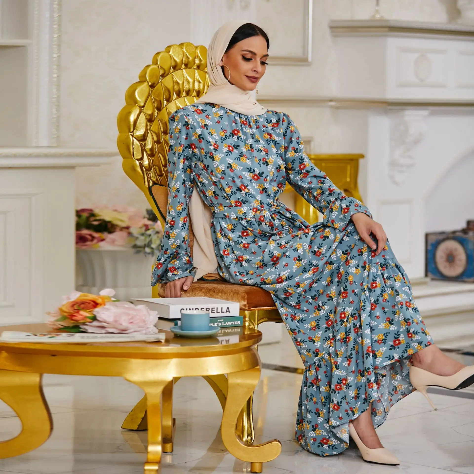 Middle East Printed Floral Chiffon Dress Turkish Malay Southeast Asia Shopee Muslim Women\'s Wear Vestidos Largos