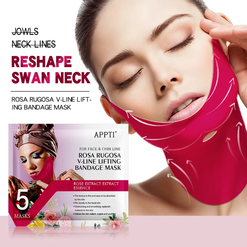 5Pcs Rose Collagen V-line Lifting Neck Mask Anti-aging V Face Bandage Face Mask Moisturizing Lifting Firming Skin Care Neck Mask