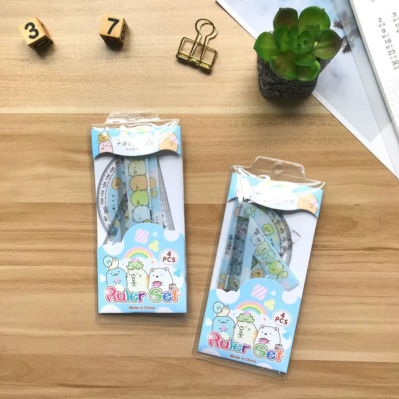 4 pcs/set Cute unicorn animal Straight Ruler Protractor Students Math Geometry Plastic Triangle Rulers Set kids Stationery gift