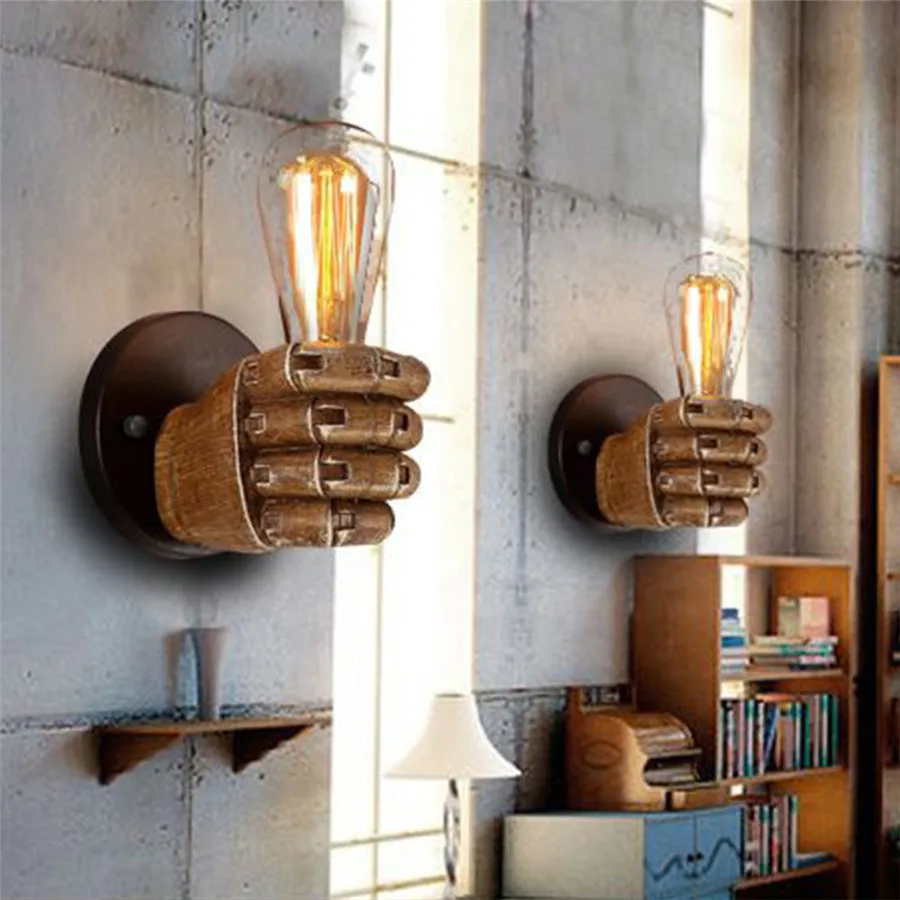 

Retro Resin Fist Wall Lamp Sconces Home Bedroom Wall Light Fixture Crafts Left Hand Right Hand Lamp Indoor Aisle Decor Lighting