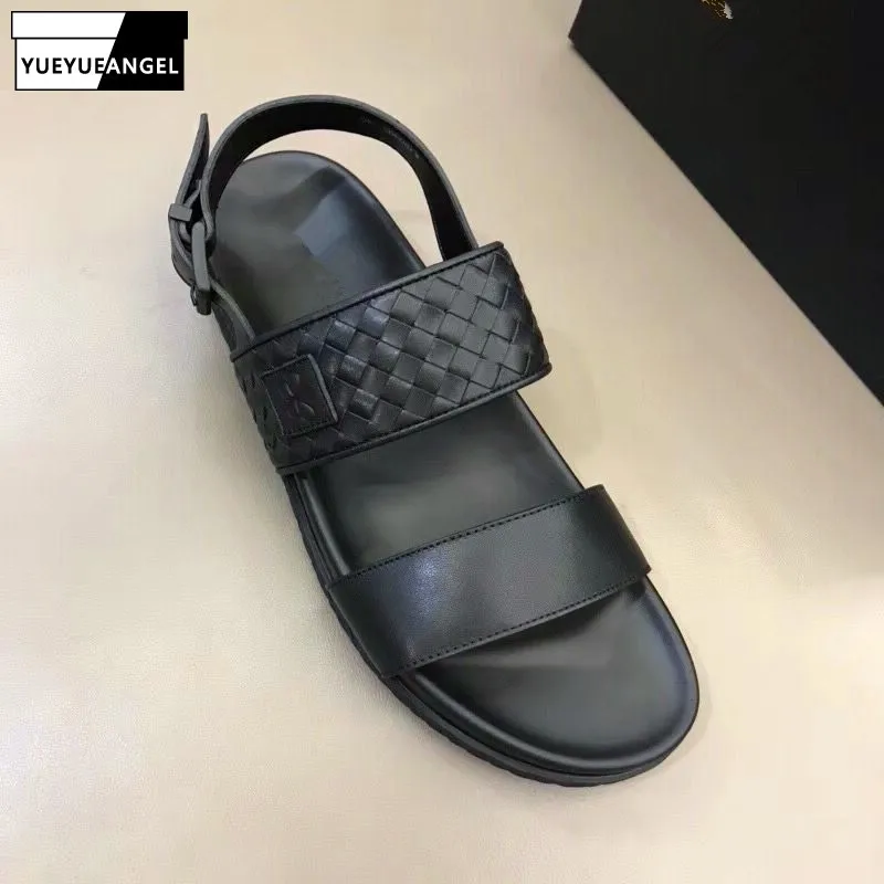

Black Mens Summer Beach Sandals Handmade Weave Genuine Leather Flats Sandals Slippers 2019 New Buckle Casual Comfort Shoes Male