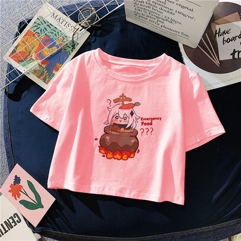 Anime Genshin Klee Paimon Zhongli Traveler Yan Fei Impact Graphic Summer 2021 Women Fashion Woman Short Sleeve Harajuku Top