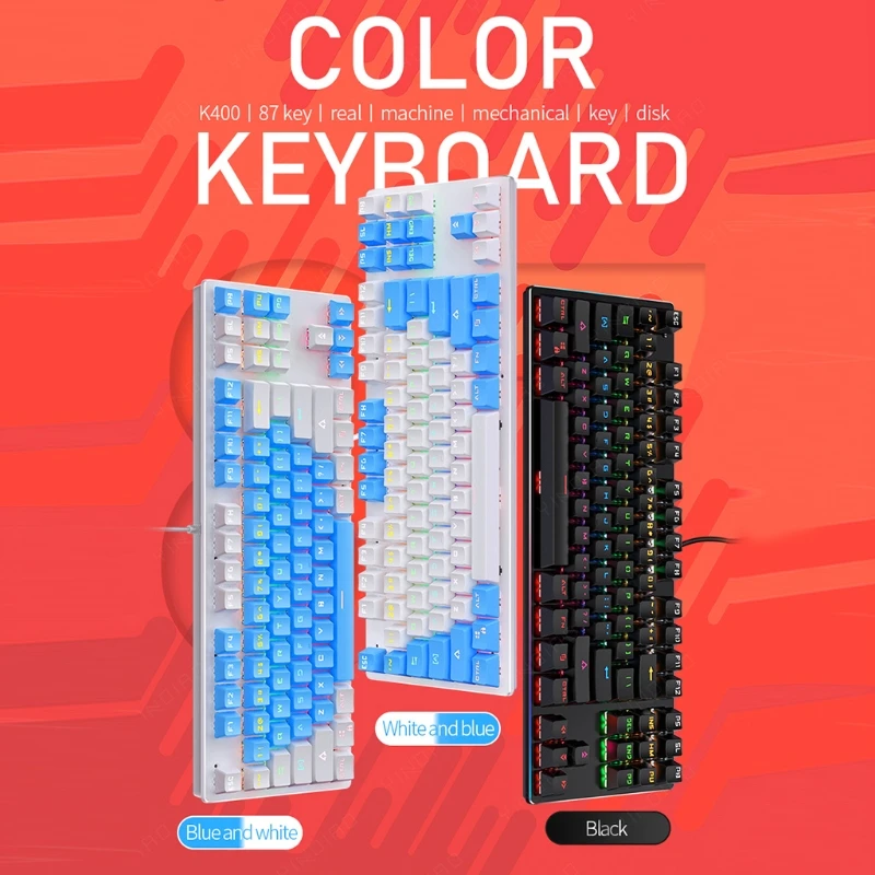 K400 Gaming Real Mechanical Keyboard USB Wired 87 Keys With RGB Backlight Blue Black Switch For PC Computer Gamer