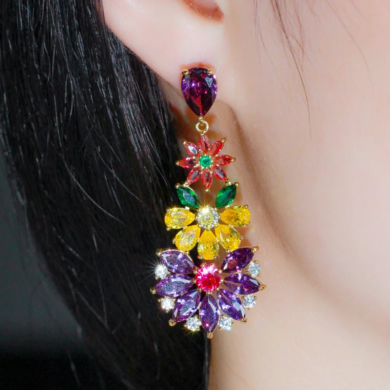 Pera Elegant Red Yellow Purple Cubic Zircon Gold Plated Long Big Flower Drop Dangle Earrings for Women Party Accessories E517