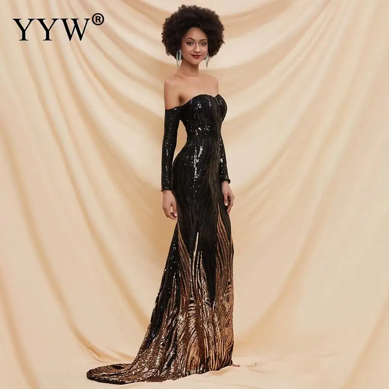 

New Off The Shoulder Court Sequins Evening Dresses Geometric Sequined Sweetheart Long Sleeve Floor Length Cocktail Dresses Black