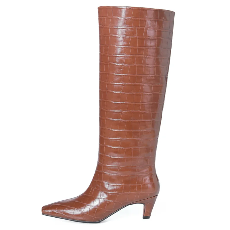 

Knee-High Boots In Crocodile-Patterned Leather With Pointed Toe Sexy High Heels Boots Women Winter Shoes Women Botas de mujer