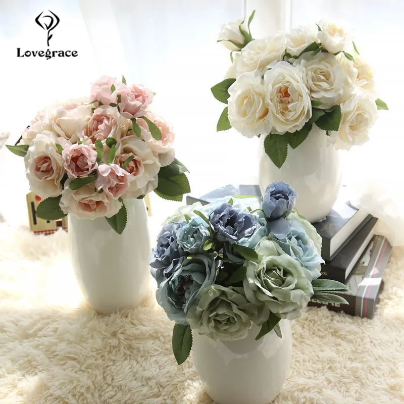 12 หัวเจ้าสาวประดิษฐ์ Rose Orchid Bouquet DIY ปลอมดอกไม้งานแต่งงานตารางห้องนั่งเล่น Decor ดอกไม้ Faux bundle