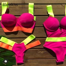 BLESSKISS-Conjunto de biquíni feminino push-up, maiô sexy, tanga, atadura de néon cortada, roupa de banho brasileira, roupa de banho, conjunto de biquíni, 2022