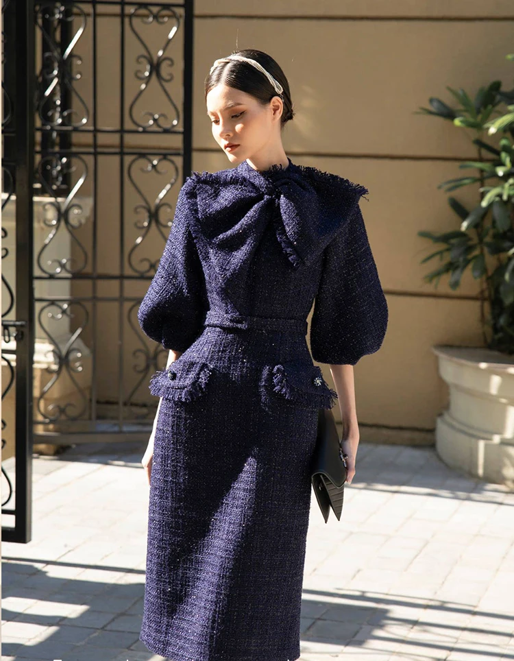 Sartoria inverno navy grande manica a sbuffo tweed femminile abito di lusso leggero abiti semi-formali abito scintillante autunno principessa