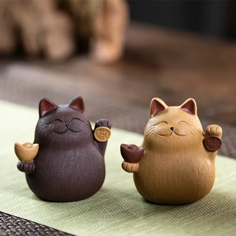 New Purple Clay Tea Pet Cat Decoration Handmade Sculpture Creative Ingot Lucky Cat Can Raise Tea Set Tea TrayDecor Accessories