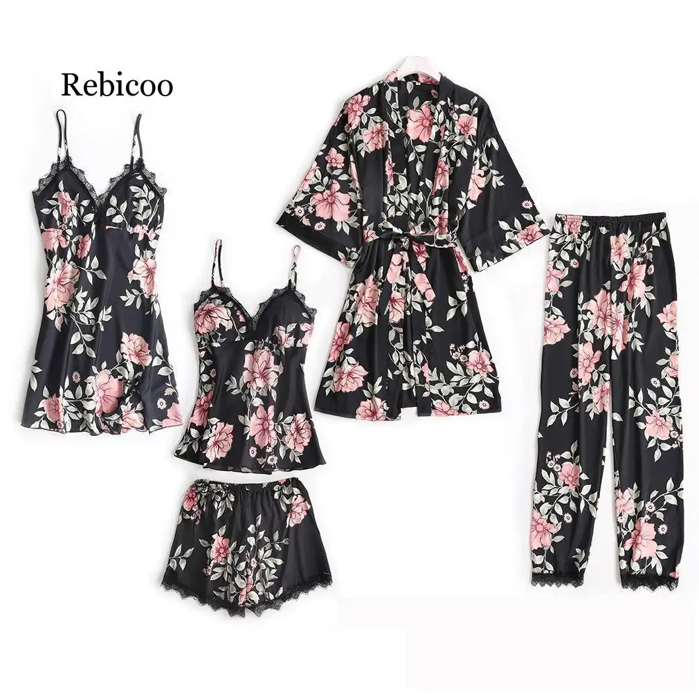 

New Women Satin 5PCS Sleepwear Spring Lace Trim Pajama Pyjama Set Print Floral Nightwear Casual Home Wear Lingerie Suit M-XXL
