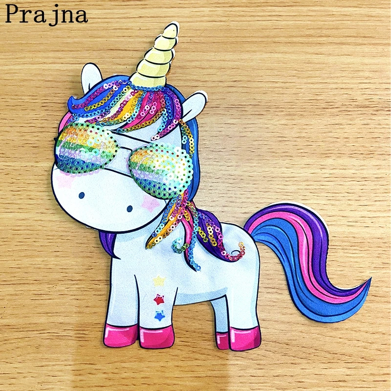 Prajna Unicorn Sequins Patch Cartoon Embroidered Patches For Clothing Animal Appliques Patches On Clothes Sewing Accessories