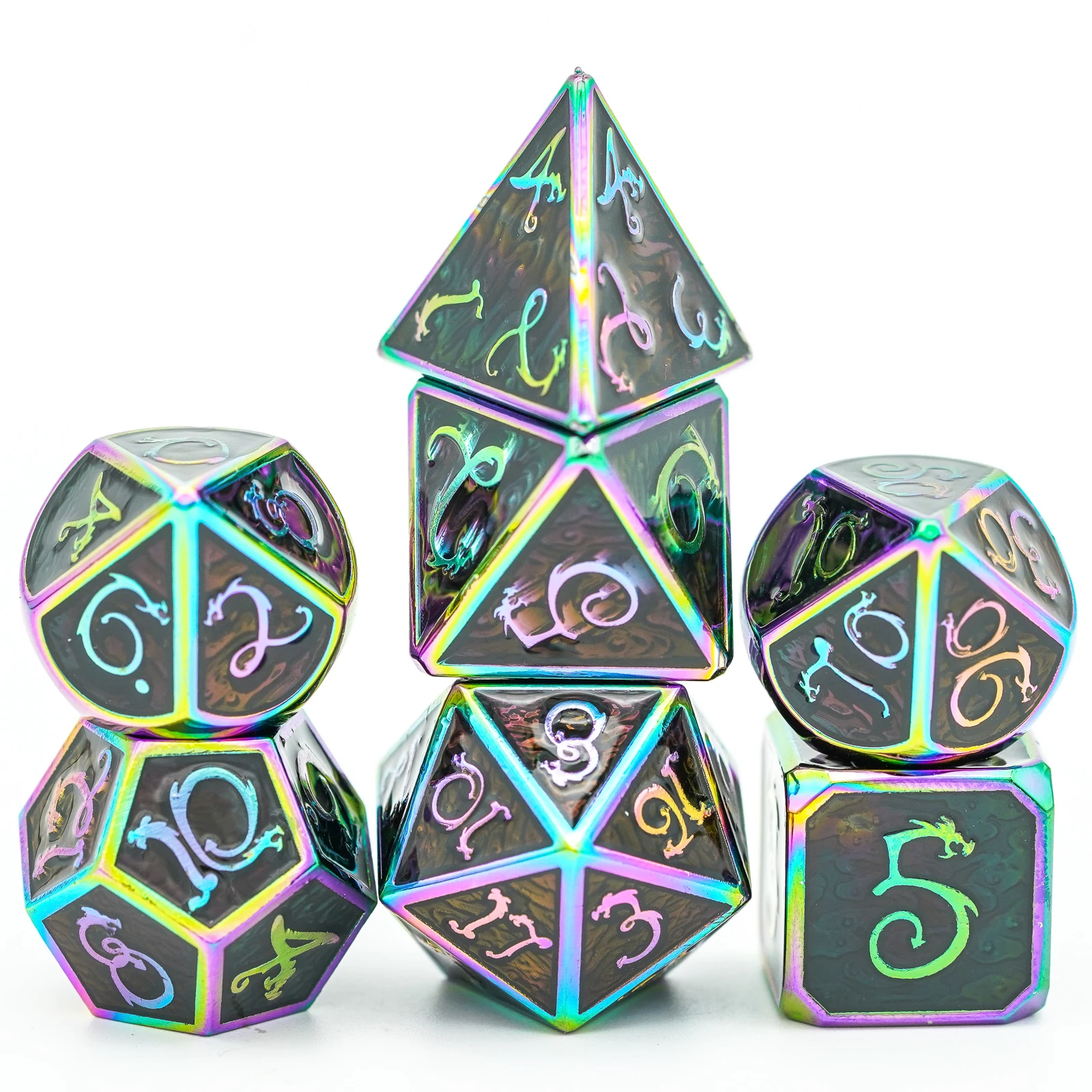 Cusdie Dragon Font Metal D&D Dice, Auspicious Cloud, 7 PCs Metal Dice, Polyhedral Dice Set, for Role Playing Game Pathfinder