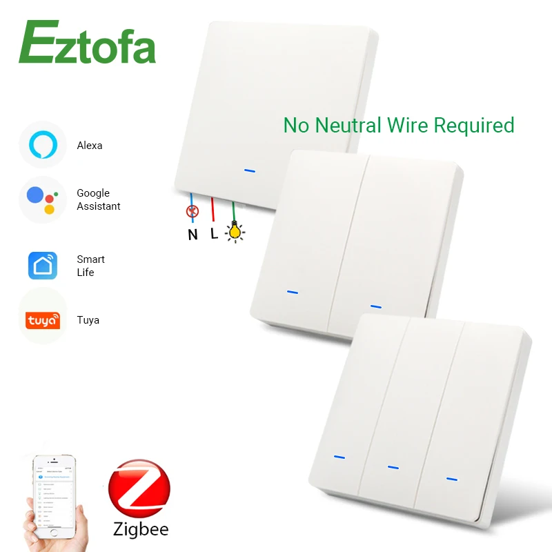 

EU UK ZigBee Smart Push Button Switch No Neutral Required Smart Life Tuya APP Alexa Google Home Voice Control 2/3 Way