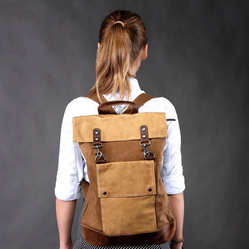 

Retro ladies waterproof laptop backpack student school bag large-capacity canvas top layer cowhide multifunctional travel bag