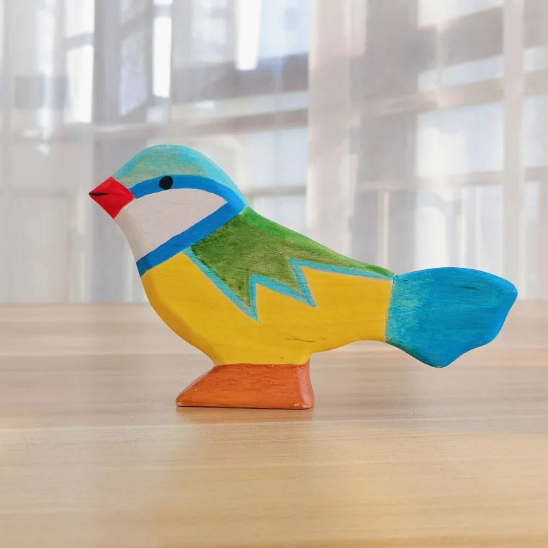 Blue Tit ไม้ธรรมชาติ Montessori Handmade รูปสัตว์ขนาดใหญ่ Handcraft Toy สัตว์ความรู้ความเข้าใจของเล่นเพื่อการศึกษา