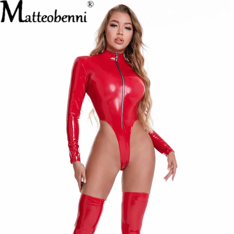 Women Sexy High Cut Latex Catsuit Faux Leather Teddies Bodysuits Lady Hot Exotic Costumes Lingerie Bodysuit Clubwear Oversized