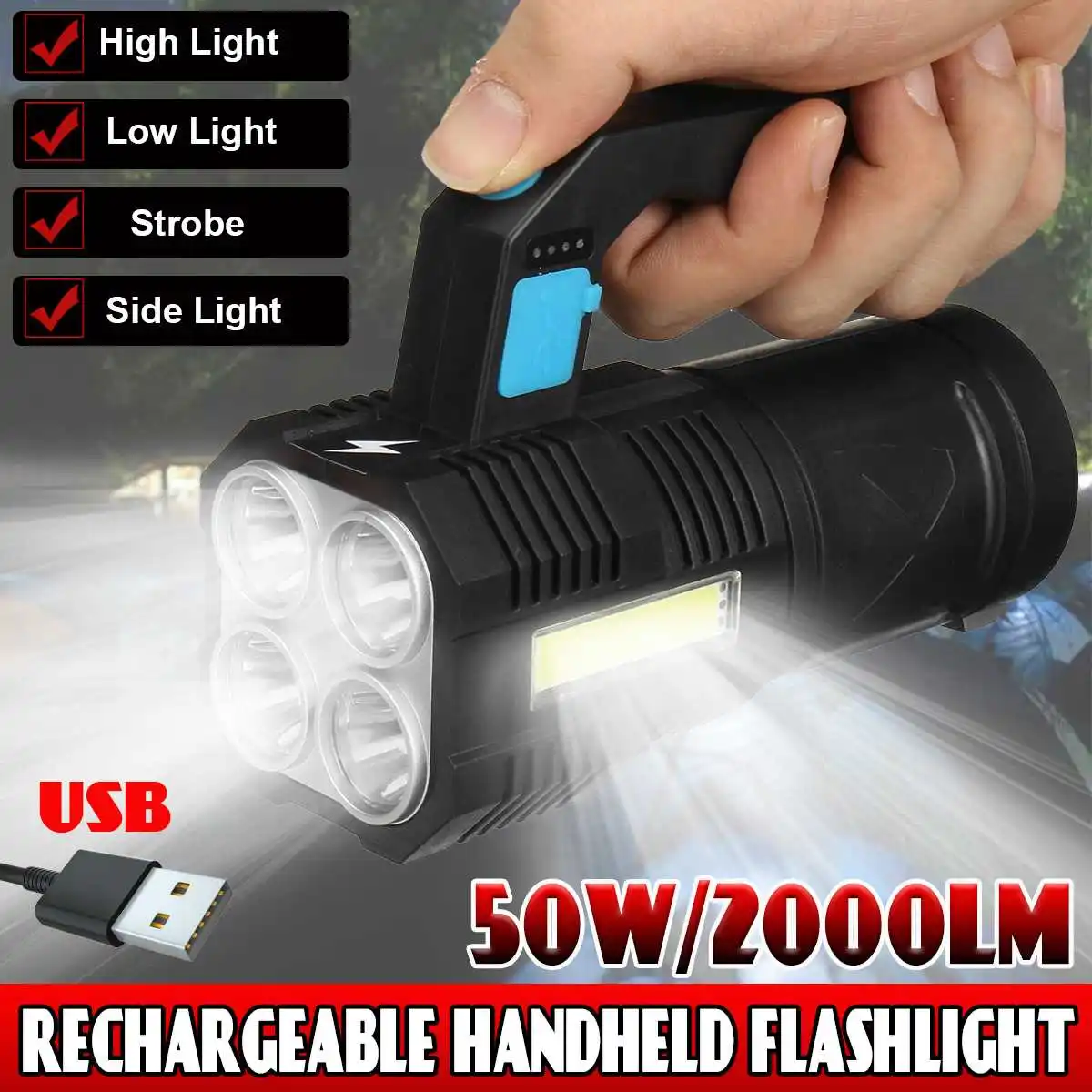 Linternas LED de mano, lámpara portátil de Camping, foco de luz fuerte, recargable por USB, batería integrada, iluminación para exteriores