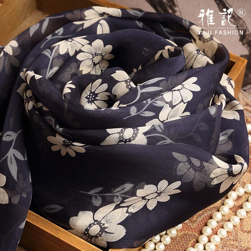 Navy blue printed silk scarf  Hangzhou 100% silk scarf shawl long shawl spring autumn winter summer