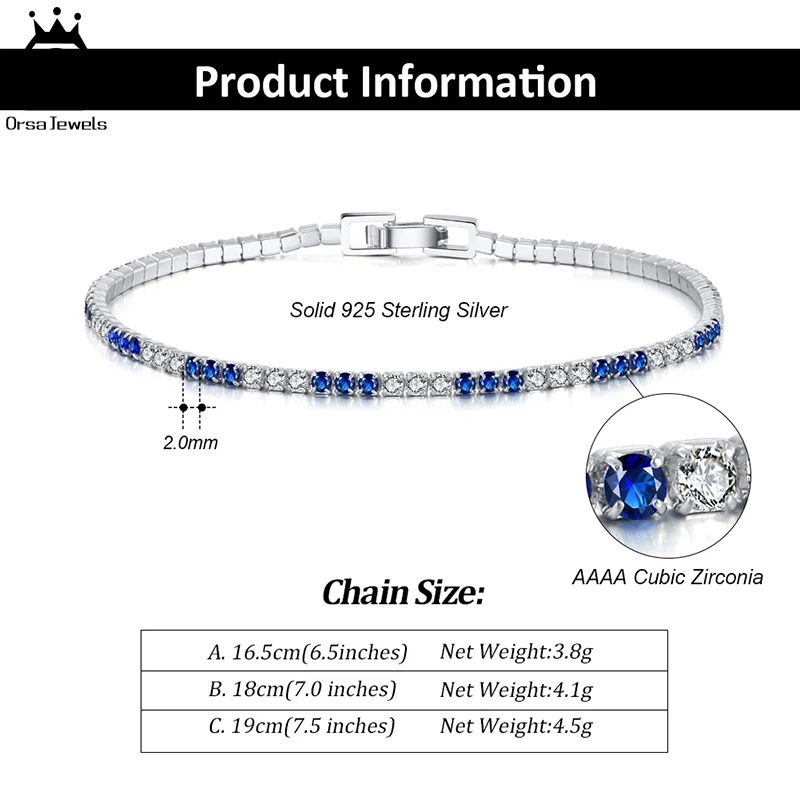 ORSA JEWELS Luxury 925 Sterling Silver Tennis Bracelet 2.0mm Blue and Clear Cubic Zirconia Women\'s Tennis Bracelet Jewelry SB117