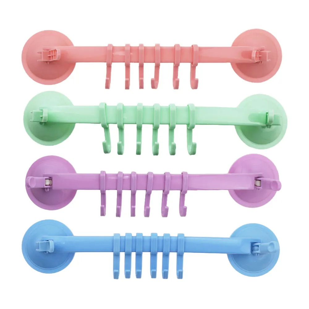 Suction Cup 6 Hooks Adjustable Plastic Towel Hanger Rack Hanging Holders Lock Type Bathroom Kitchen Hook Organizer