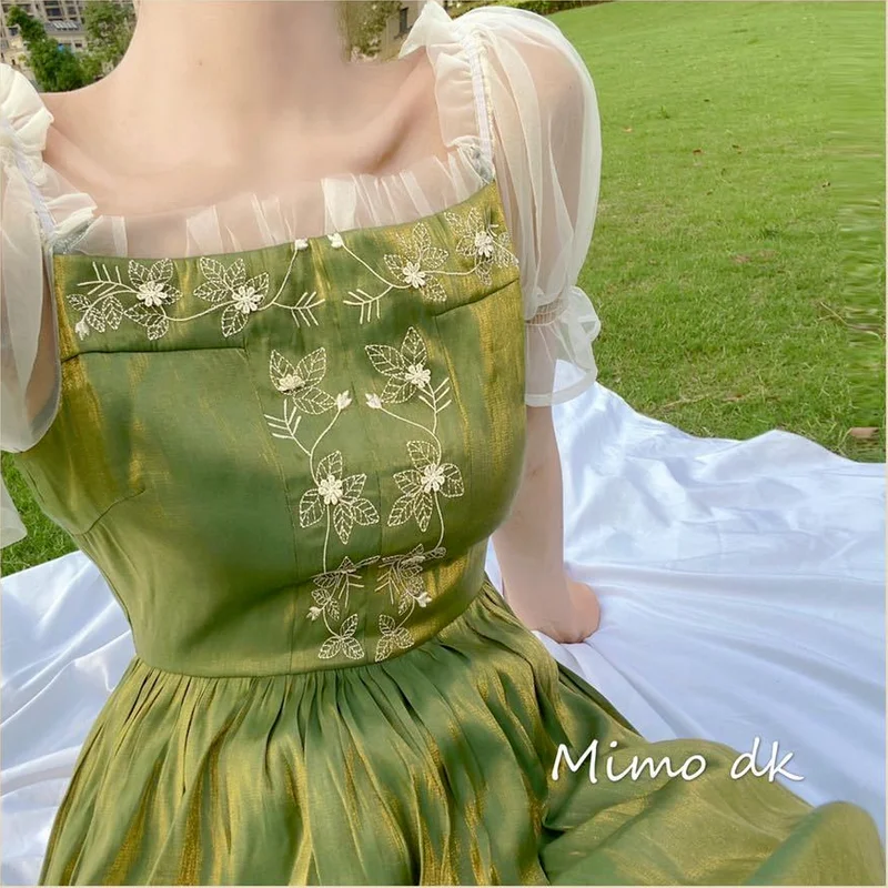 Summer Elegant Green Dress Women French Vintage Lace Patchwork Sweet Dresses Princess Midi Short Sleeve Holiday Dresses 2021