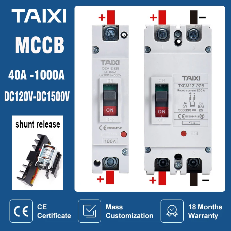 

TAIXI Solar MCCB 500V 1000V 1500V DC Photovoltaic Circuit Breaker 150A 200A 300A 400A 600A PV Isolator DC24V Shunt Release