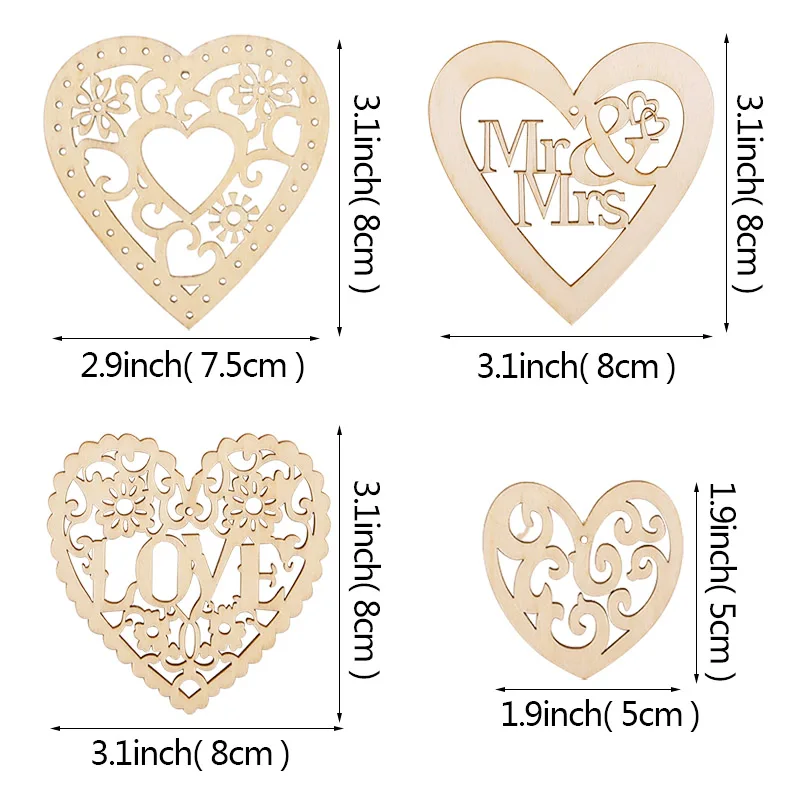 10pcs Wooden Heart Love Pendant Hollow Laser Mr Mrs Wood Chips With Hemp Rope For Rustic Weddings Birthday Party Hanging Decor