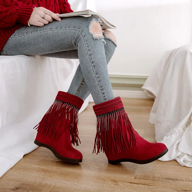 

YQBTDL Fashion Suede Fringe String Bead Ankle Boots Red Black Slip on Height Increasing Womens Shoes Booties High Wedges Heels