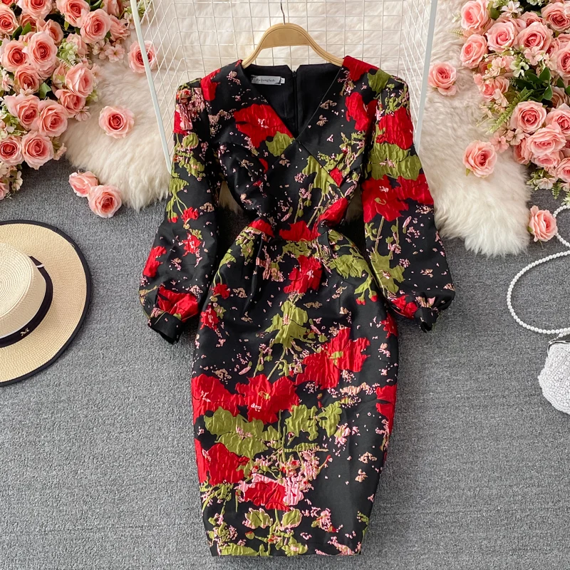 New Fall Vintage Jacquard Office Work Dress Women V-neck Puff Sleeve Print Slim Fit Slit Party Bodycon Designer Dresses