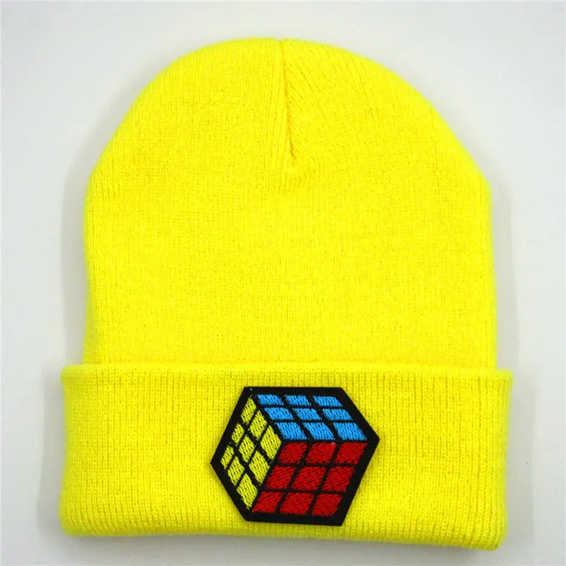 Cotton Cartoon Cube Embroidery Thicken Knitted Hat Winter Warm Hat Skullies Cap Beanie Hat for Men and Women 194