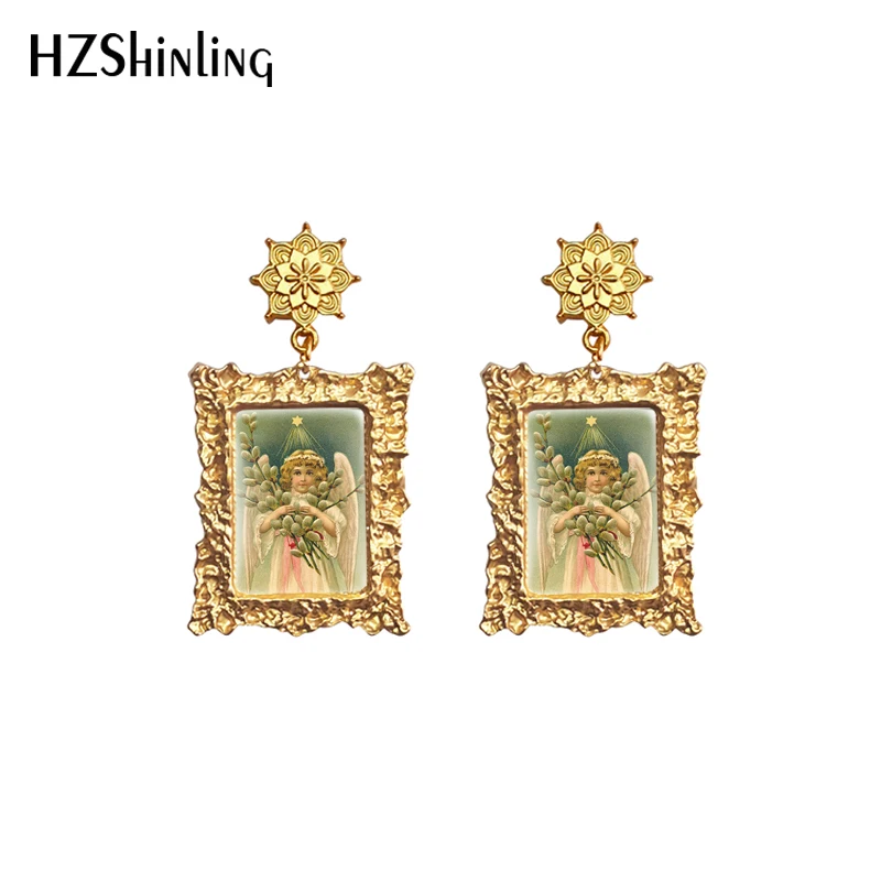 2020 New Vintage Angel Earring Fairy Beauty Drop Earrings Retro Mandala Charm Square Glass Cabochon Jewelry