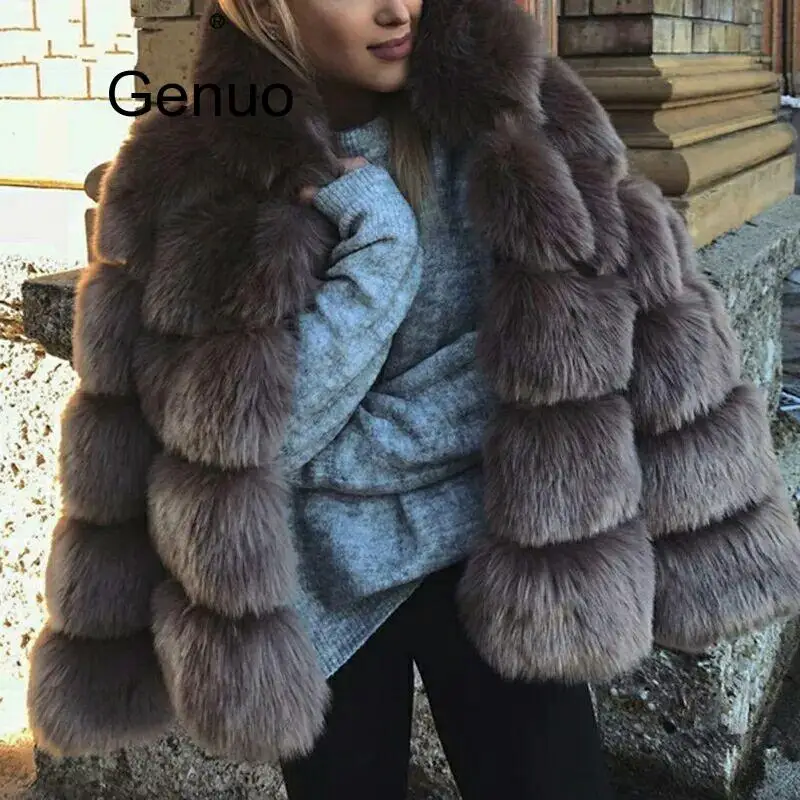 Women Faux Fur Hoodie Thick Coat Faux Sheep Fur Fox Fur Coat Warm Long Sleeve  Jacket Hooded Fur Overcoat 2020 New