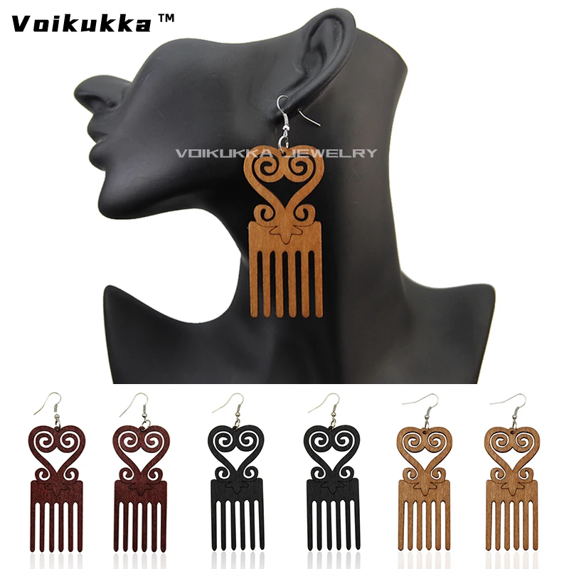 VOIKUKKA Jewelry Laser Cutting Hollow Out African Wood Comb Shape Cloud Patterns Ethnic Drop Earrings For Women