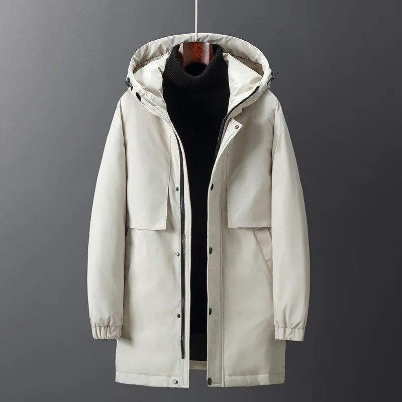 Chaqueta gruesa de alta calidad para hombre, ropa con capucha de longitud media, abrigo de plumón de pato Blanco cálido, abrigos de invierno,