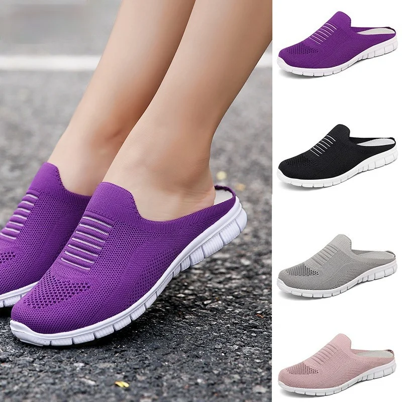 Women lightweight Round Toe Mules Flats Soft House Slippers Female Slides Black Summer Shoes Casual Breathable Mesh Lazy Shoes