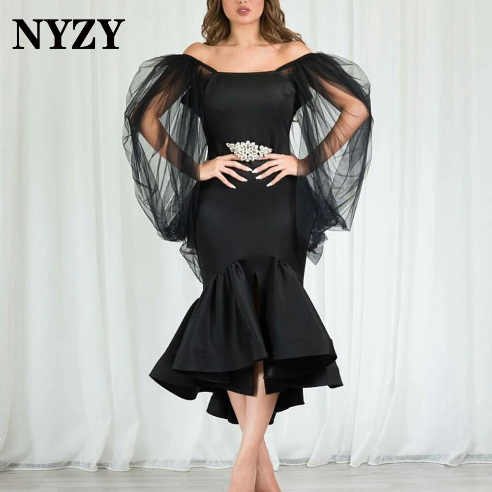 

NYZY C305 Off the Shoulder High Low Black Cocktail Dresses Dubai Arabic Party Graduation Homecoming Evening Gown