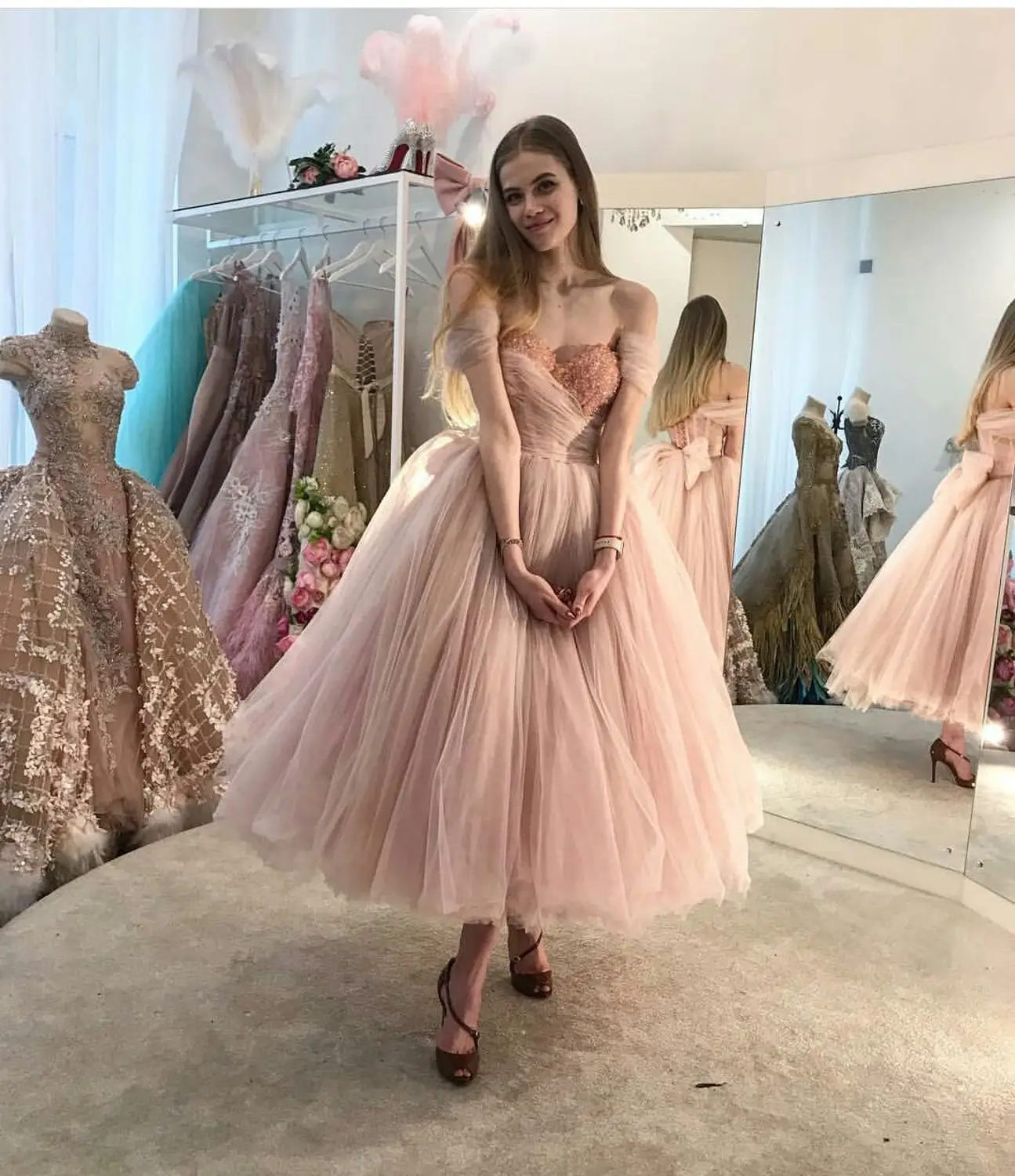 Rosa Prom Kleider Weg Von Der Schulter EINE Linie Spitze Perlen Abendkleid Cocktail Party Kleider Tee Länge Formale Anlass Tragen