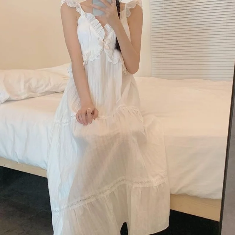Nightgowns Women Sweet Trendy Summer Mid-calf Sleeveless Lace V-neck Solid Girls Female Ulzzang Simple Sleepwear Lounge Cozy New