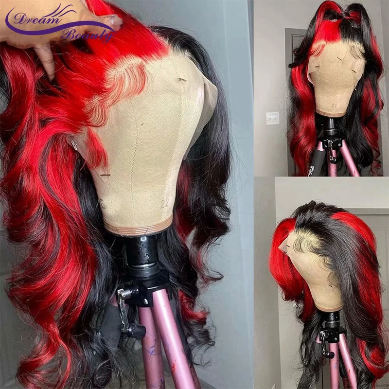 Perruque Lace Frontal wig naturelle brésilienne Remy, cheveux ondulés à reflets rouges, 4x4, 13x4, 180% de densité